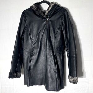 Danier Black Genuine Leather Hooded Winter Coat Jacket With Faux Fur Lining M